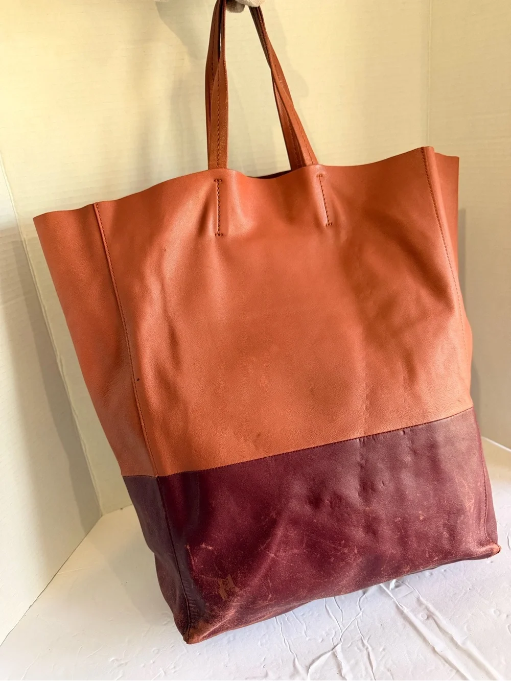 Celine Two-Tone Leather Tote in Rust and Burgundy